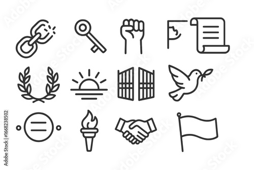 Emancipation Icons. Outline icon set of emancipation symbols: broken shackle, key, raised fist, declaration