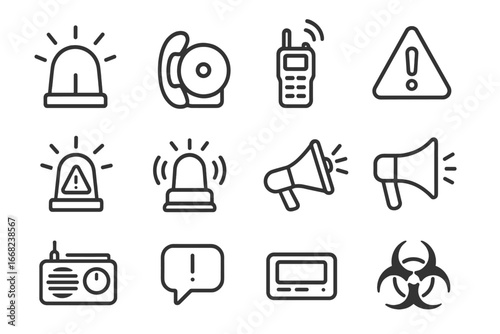 Emergency Communication Icons. Outline icon set of emergency communication tools: siren icon, alarm bell, red