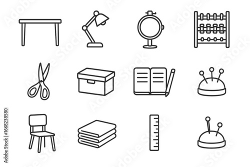 Embroidery Setup Icons. Outline icon set of embroidery workshop setup: worktable, lamp, hoop stand, thread