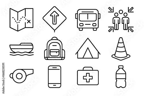 Emergency Evacuation Icons. Outline icon set of emergency evacuation planning: maps, road signs, evacuation
