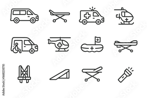 Emergency Transport Icons. Outline icon set of emergency transportation: accessible van, stretcher, ambulance,