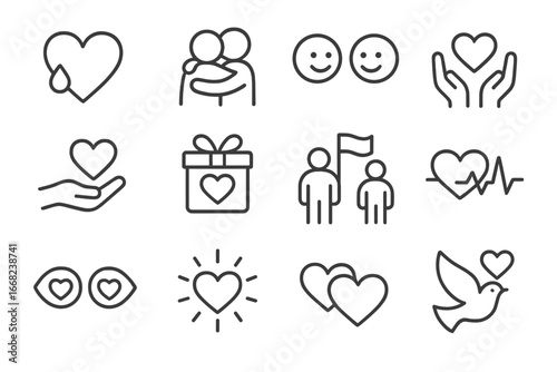 Emotional Expression Icons. Outline icon set of emotional expressions of love: tear of joy, hugging icon,