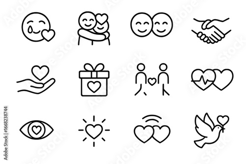 Emotional Expression Icons. Outline icon set of emotional expressions of love: tear of joy, hugging icon,
