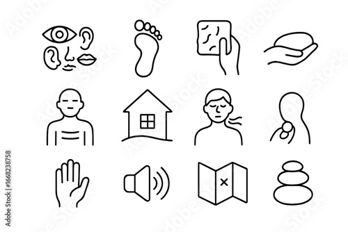 Emotional Grounding Icons. Outline icon set of emotional grounding techniques: 5 senses icon, barefoot walk,