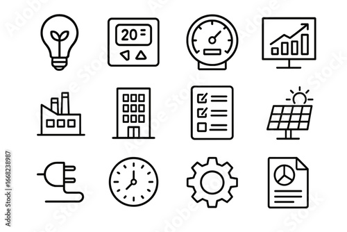Energy Efficiency Icons. Outline icon set of energy efficiency audits: light bulb, thermostat, meter, chart,