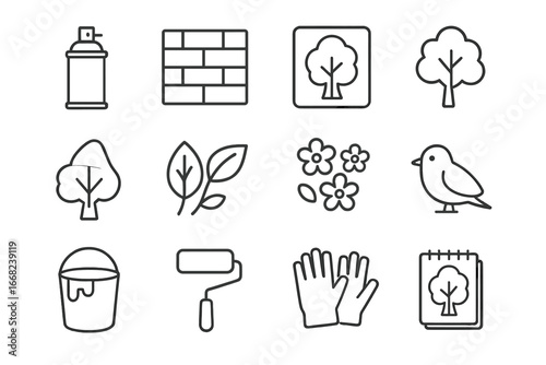 Environmental Mural Icons. Outline icon set of environmental murals: spray can, wall, stencil, tree, leaves,