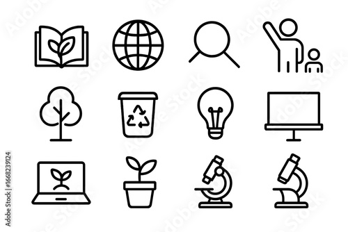 Environmental Education Icons. Outline icon set of environmental education: book with leaf, globe, magnifying
