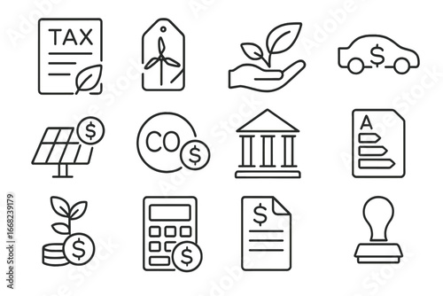 Environmental Tax Icons. Outline icon set of environmental tax incentives: green tax form, renewable energy