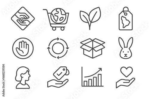 Ethical Consumption Icons. Outline icon set of ethical consumption: fair trade label, eco shopping cart, vegan