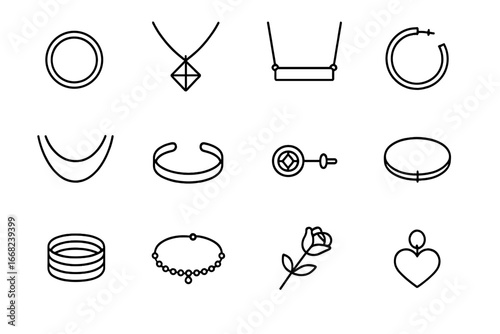 Ethical Jewelry Icons. Outline icon set of contemporary ethical jewelry styles: minimalist ring, geometric