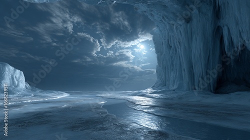 Icy cavern entrance with icicles, illuminated by moonlight under a cloudy sky
