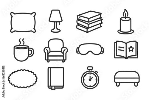 Evening Reading Rituals. Outline icon set of evening reading rituals: soft pillow, dim light, book stack,