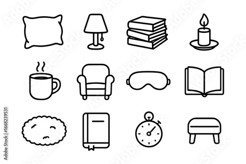 Evening Reading Rituals. Outline icon set of evening reading rituals: soft pillow, dim light, book stack,