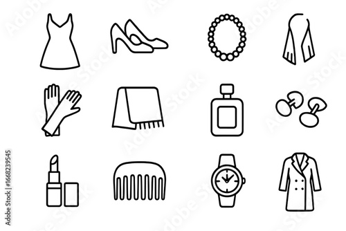 Evening Wear Essentials. Outline icon set of evening wear essentials: cocktail dress, heels, clutch purse,