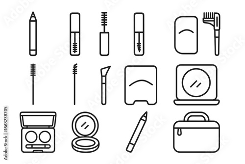 Eyebrow Styling Icons. Outline icon set of eyebrow styling accessories: brow pencil, clear gel, tinted gel,