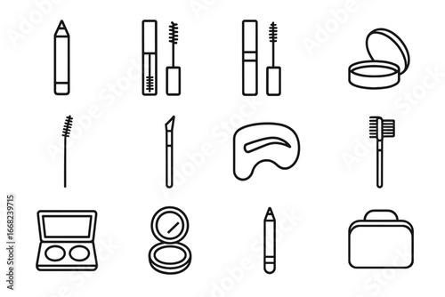 Eyebrow Styling Icons. Outline icon set of eyebrow styling accessories: brow pencil, clear gel, tinted gel,