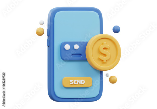 Blue Smartphone Displaying Digital Financial Transactions with a Gold Coin on Transparent
