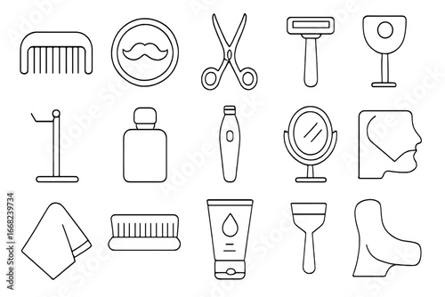 Facial Hair Care Icons. Outline icon set of facial hair care: beard comb, mustache wax, trimming scissors,