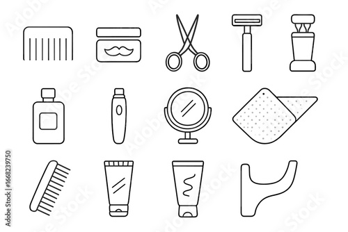 Facial Hair Care Icons. Outline icon set of facial hair care: beard comb, mustache wax, trimming scissors,