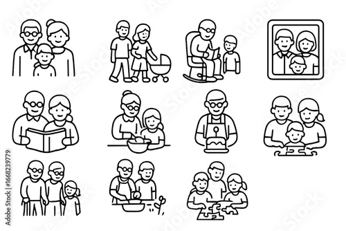 Family Bonding Icons. Outline icon set of multi-generational family bonding: grandparents, parents, children,