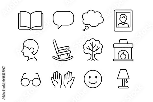 Family Storytelling Icons. Outline vector icons of family storytelling moments: open book, speech bubble,