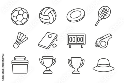 Family Sports Icons. Outline icon set of family sports competition: soccer ball, volleyball, frisbee,