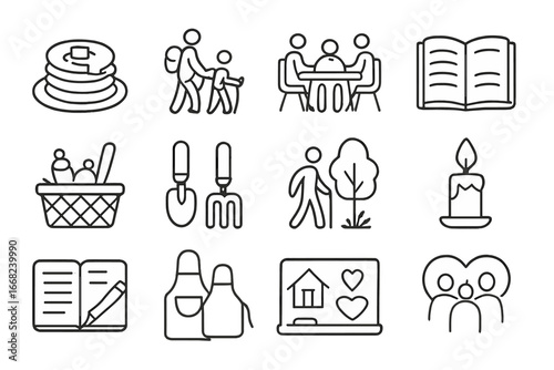 Family Tradition Icons. Outline vector icons of weekend family traditions: pancake breakfast, family hike,