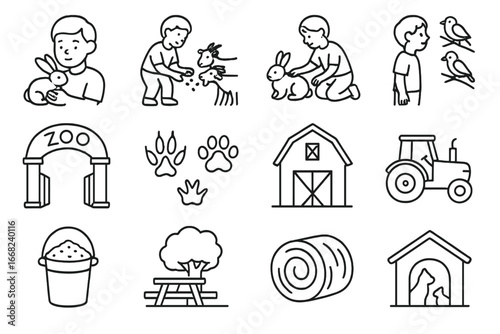 Farm and Zoo Icons. Outline icon set of children visiting farms and zoos with animals: child with bunny,