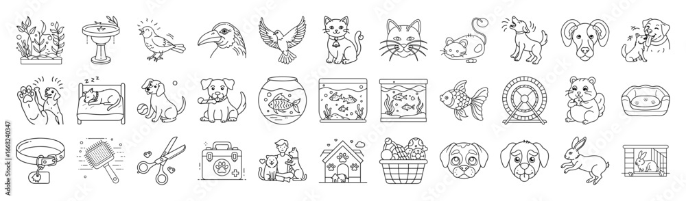 Fototapeta premium Pet Care Vector Icon Set – Outline Dogs, Cats and Animal Collection-Vector collection of pet care icons in modern outline style. Includes dogs, cats, pets, birds, rabbits, food, toys, grooming