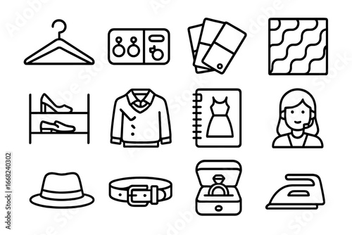 Fashion Icon Set. Outline icon set of fashion styling icons: hanger icon, accessories tray, color swatches,