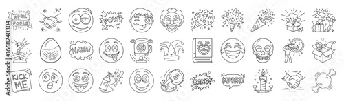 April Fools Day Vector Icon Set – Outline Humor, Prank and Joke Collection-Vector collection of April Fools Day icons in modern outline style. Includes pranks, jokes, comedy, masks, funny faces