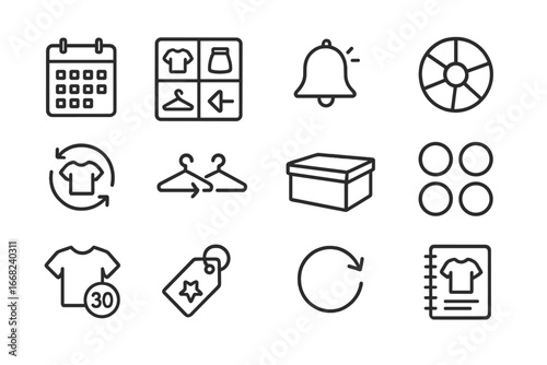 Fashion Icon Set. Outline icon set of fashion item rotation: calendar icon, outfit planning grid, reminder
