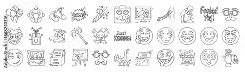 April Fools Day Vector Icon Set – Outline Humor, Prank and Joke Collection-Vector collection of April Fools Day icons in modern outline style. Includes pranks, jokes, comedy, masks, funny faces