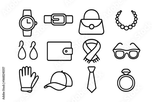 Fashion Accessory Icons. Outline icon set of fashion accessories: wristwatch, belt, handbag, necklace,