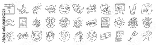 April Fools Day Vector Icon Set – Outline Humor, Prank and Joke Collection-Vector collection of April Fools Day icons in modern outline style. Includes pranks, jokes, comedy, masks, funny faces