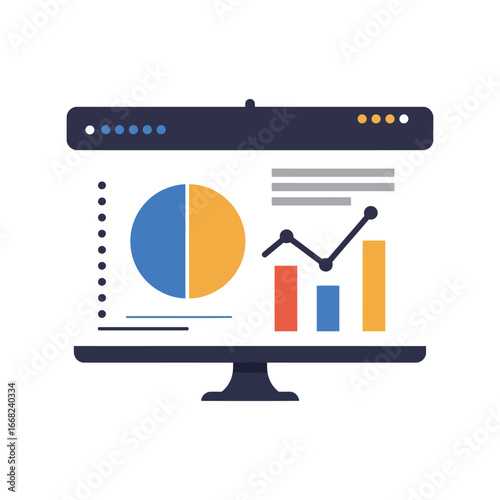 Computer monitor displaying financial charts and graphs business analytics data visualization