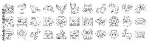 Pet Care Vector Icon Set – Outline Dogs, Cats and Animal Collection-Vector collection of pet care icons in modern outline style. Includes dogs, cats, pets, birds, rabbits, food, toys, grooming
