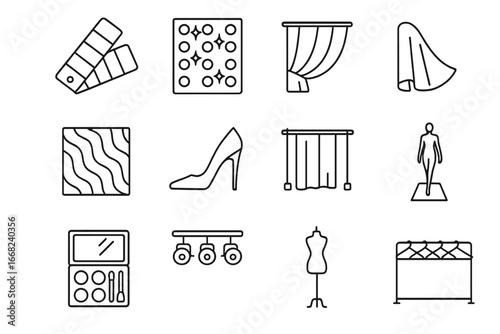 Fashion Icon Grid. Outline vector icons of fashion runway textiles: swatch book, shimmer panel, fabric drape,