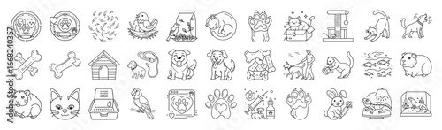Pet Care Vector Icon Set – Outline Dogs, Cats and Animal Collection-Vector collection of pet care icons in modern outline style. Includes dogs, cats, pets, birds, rabbits, food, toys, grooming
