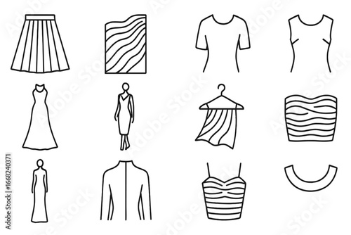 Fashion Icon Grid. Outline vector icons of moiré dress design: pleated skirt, glossy fabric, shoulder seam,