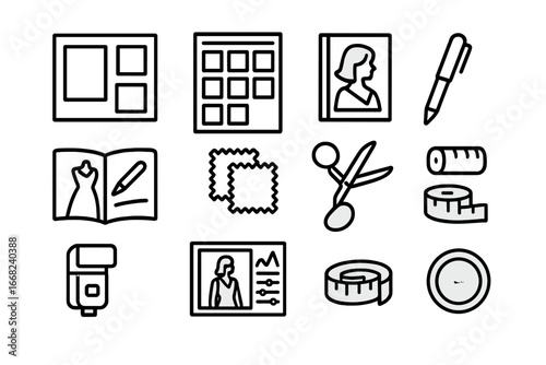 Fashion Workspace Icons. Outline icon set of fashion editor’s workspace: mood board, photo contact sheet,