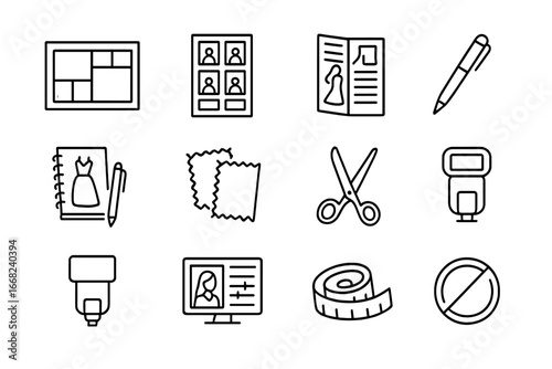 Fashion Workspace Icons. Outline icon set of fashion editor’s workspace: mood board, photo contact sheet,