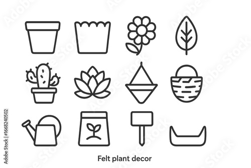 Felt Plant Decor Icons. Outline icon set of felt plant decor: plant pot, vase cover, flower, leaf, cactus,