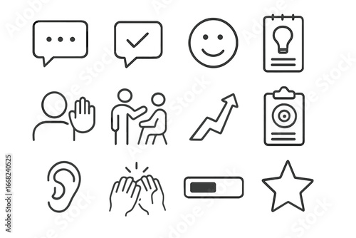 Feedback Icons Set. Outline icon set of feedback and respect: feedback box, constructive speech bubble,