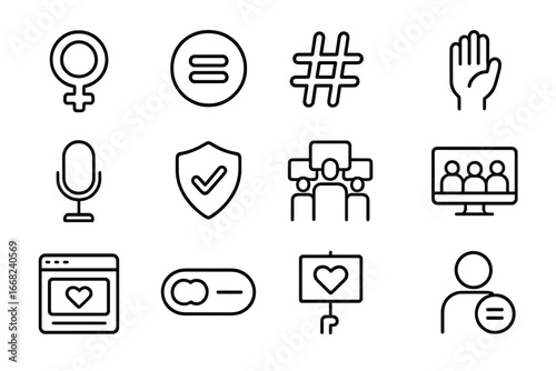 Feminist Icon Set. Outline icon set of feminist digital movements: female symbol, equal sign, hashtag #MeToo,