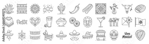 “Mexican Culture Icon Set – Traditional Festival and Food Outline Vector Illustration”