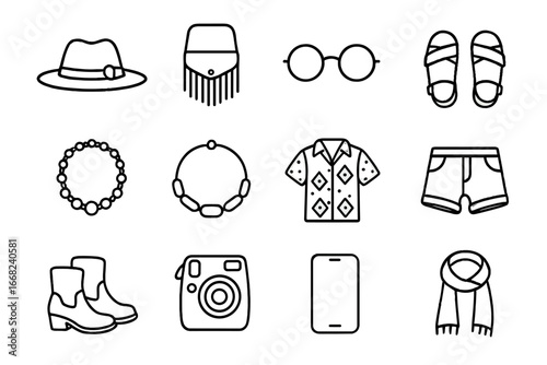 Festival Fashion Icons. Outline icon set of festival fashion creators: boho hat, fringe bag, round sunglasses,