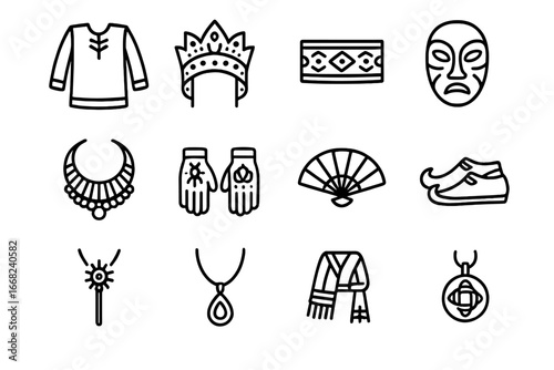 Festival Costume Icons. Outline icon set of festival uniforms and ritual costumes: ceremonial tunics, ornate