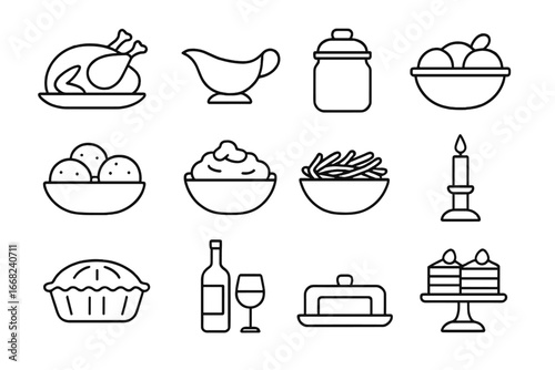 Festive Meal Icons. Outline icon set of festive meal presentation: roast turkey, gravy boat, cranberry sauce,