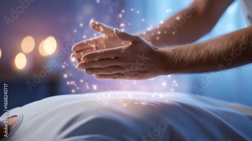 Hands hovering above a person’s body with glowing light particles, symbolizing reiki healing, spiritual energy, and alternative therapy.